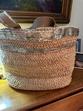 Woven Seagrass Tote Bag with Silver Sequin Trim - Natural Bath & Body Works